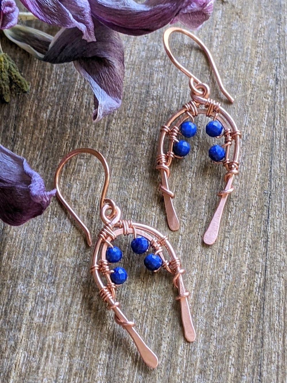 Pure Copper Horseshoe Earrings with Blue Lapis Lazuli Gems Artisan Crafted